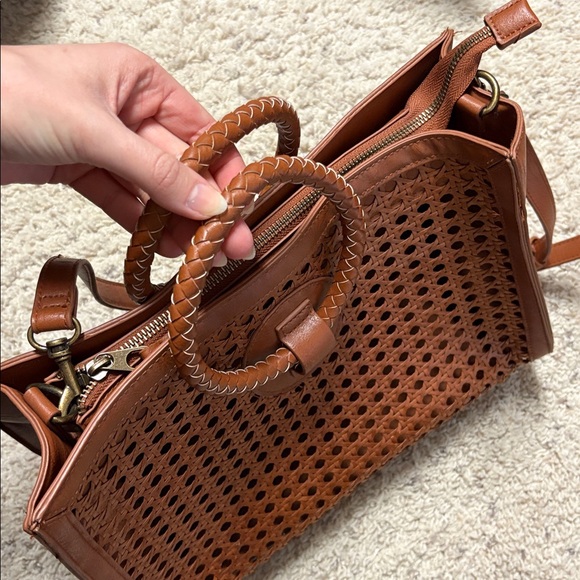 Brown Woven Leather Handbag Convertible Ring Handle Purse Boho - Picture 5 of 6